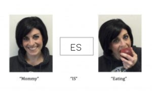 A smiling woman and the same woman with the word "es" between them.